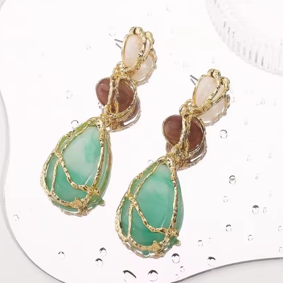 Zara Gold Green Stone Drop Earrings - Picture 7 of 10
